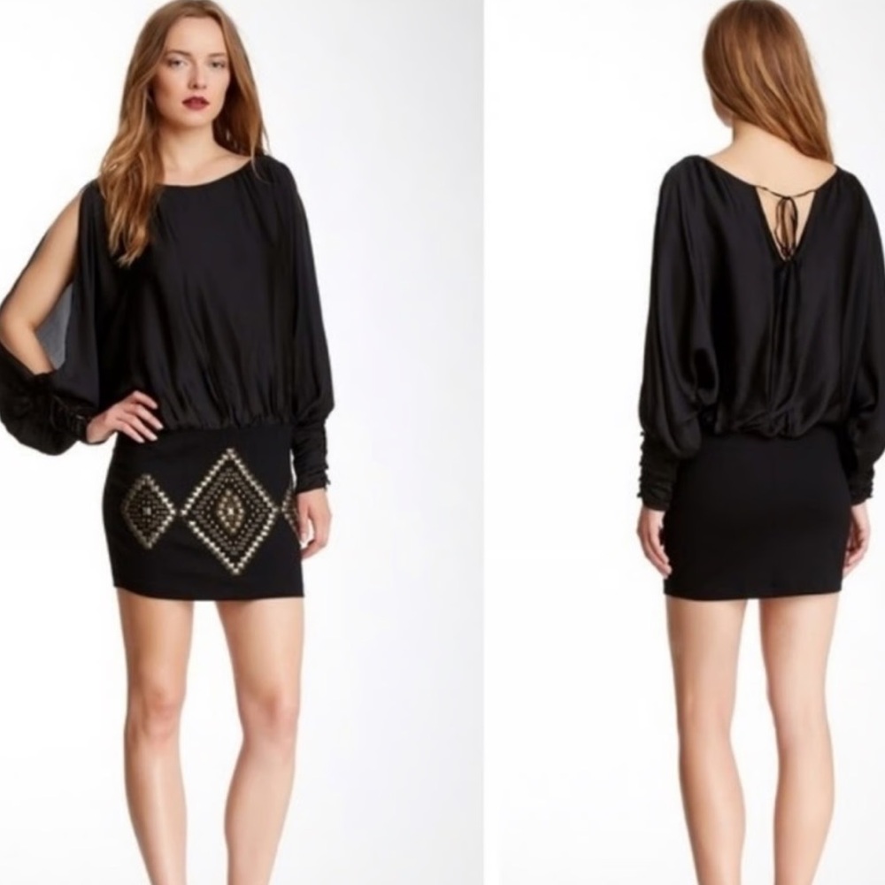 Hale Bob Size Small Silk Black Studded Slit Sleeve Mini Dress‎ Y2K 90s Retro